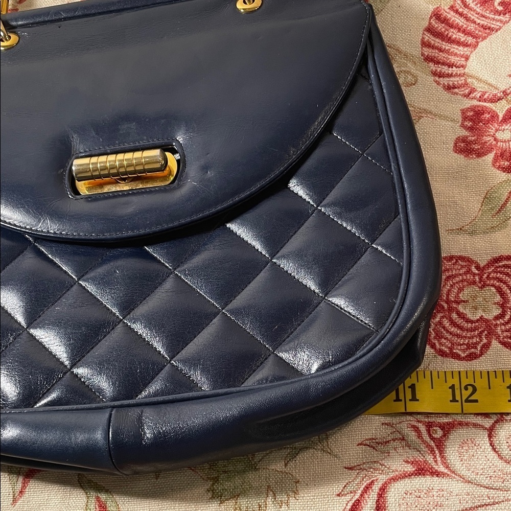 Bellido by Susan Gail Navy Quilted Satchel Gold Metal Notched Handle Hardware - Picture 5 of 17